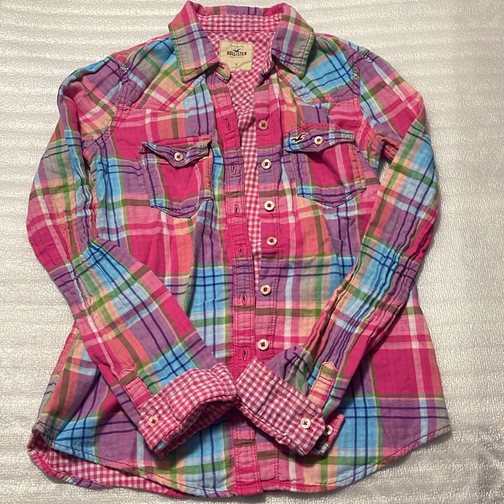 Hollister Button Down Pink Plaid Long Sleeves Juniors Size Small